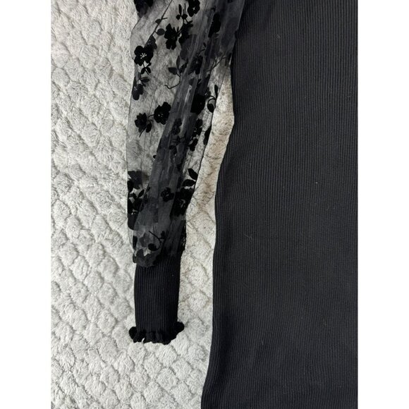 Almost‎ Famous Black Dress Stretch below Knee Sheer Floral Sleeves Size M/L - Picture 5 of 12